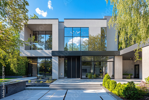 A modern, minimalist house with large windows and glass walls stands on the street in Tarnovsky Park near Moscow City. It has gray concrete walls, a white interior design, green plants, and a blue sky photo