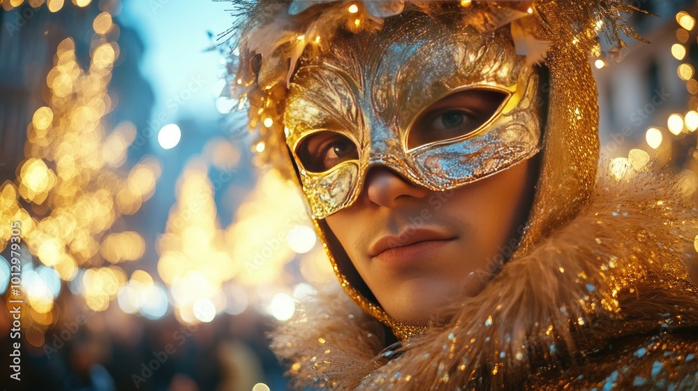 Venetian Carnival Masked Reveler in Glittering Gold Amidst Festive Lights Venetian Carnival Masked Reveler in Glittering Gold Amidst Festive Lights