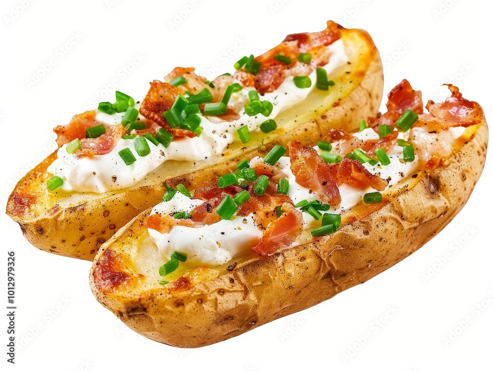 Delicious Baked Potato with Bacon, Sour Cream, and Chives Isolated On White Background Delicious Baked Potato with Bacon, Sour Cream, and Chives Isolated On White Background
