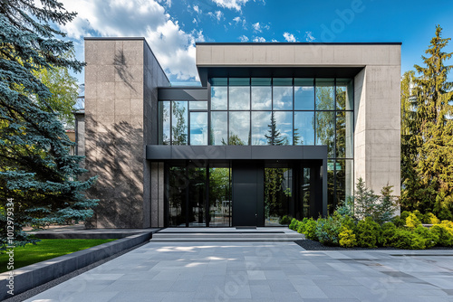 A modern home with large glass windows and a concrete exterior, featuring an entrance door surrounded by lush greenery in the front yard. The house is located on a stylish two-story family estate. photo