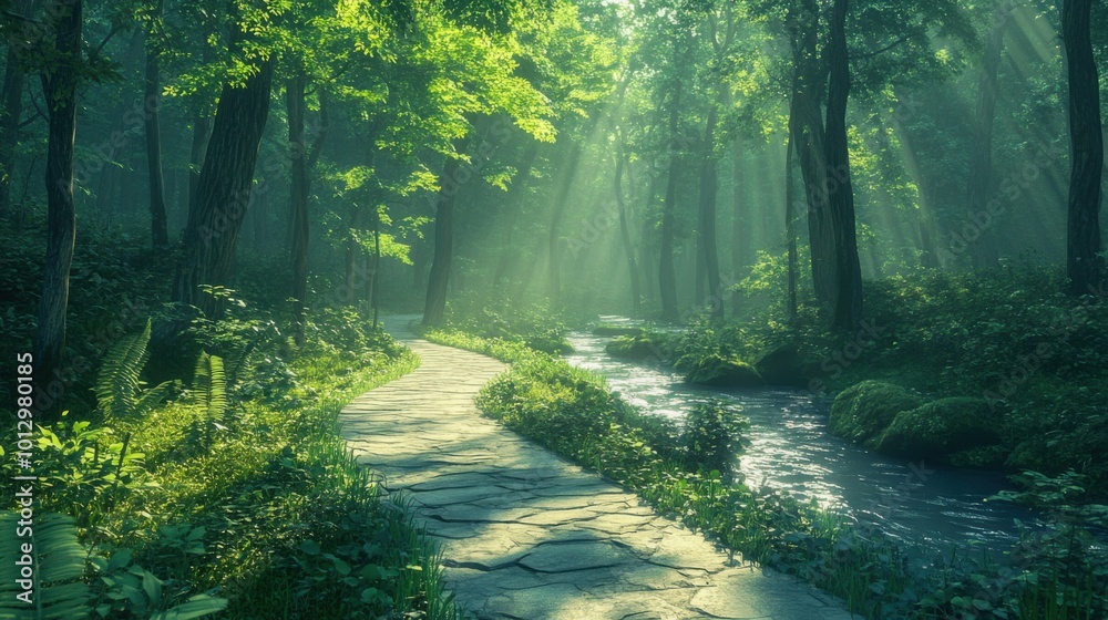 Obraz premium Serene forest pathway beside flowing river in lush, sunlit woodland during daytime