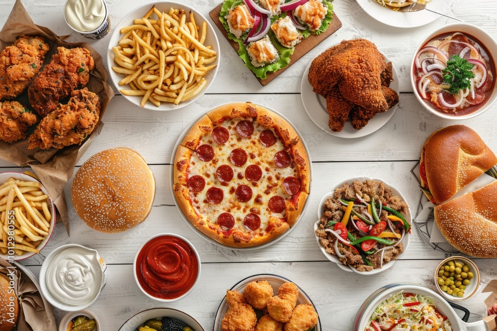 Variety of takeout foods on buffet table top view. Variety of takeout foods on buffet table top view.