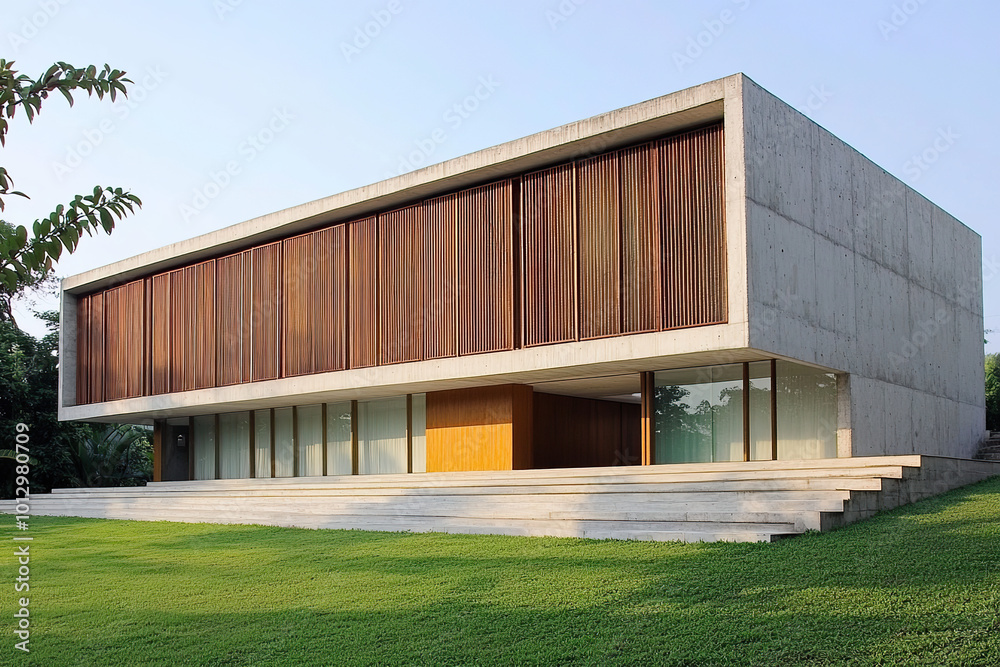 A modern concrete house with wooden slats on the facade, located in an urban park surrounded by green grass and trees. The building has large windows that allow natural light to flow through its. A modern concrete house with wooden slats on the facade, located in an urban park surrounded by green grass and trees. The building has large windows that allow natural light to flow through its.