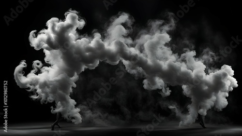 A dramatic display of swirling smoke against a dark background, creating an ethereal atmosphere.