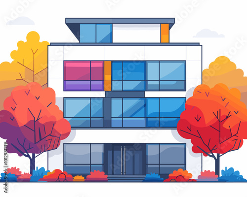 Modern apartment building in autumn season. Vector illustration in flat style.