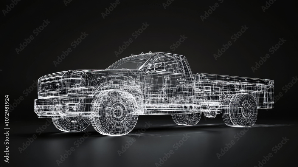 Truck Car in Hologram Wireframe Style: Impressive 3D Rendering.
Truck Car in Hologram Wireframe Style: Impressive 3D Rendering.