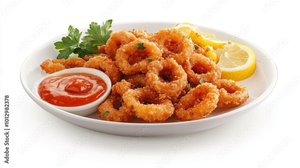 A plate of crispy fried calamari served with lemon slices and marinara sauce, perfect for appetizers or seafood lovers. A plate of crispy fried calamari served with lemon slices and marinara sauce, perfect for appetizers or seafood lovers.
