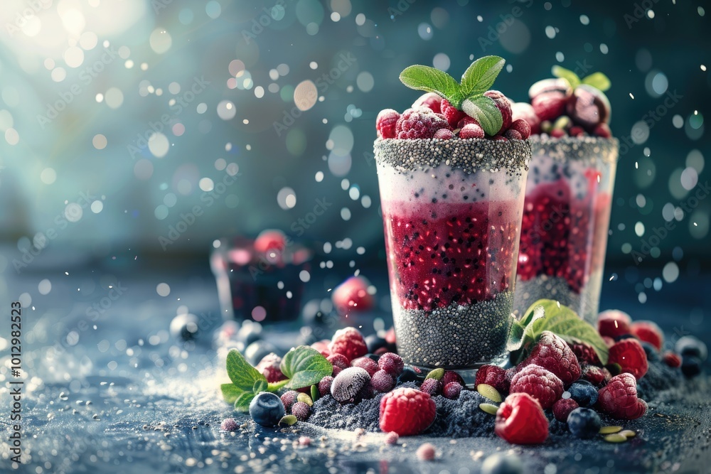 Layered berry and chia seeds smoothies