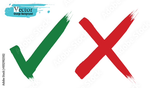 Hand drawn of Green check mark and Red cross isolated. Right and wrong icon. Vector illustration. Hand drawn Check mark buttons. Vector illustration. Cross x and tick v OK check mark vector. ok