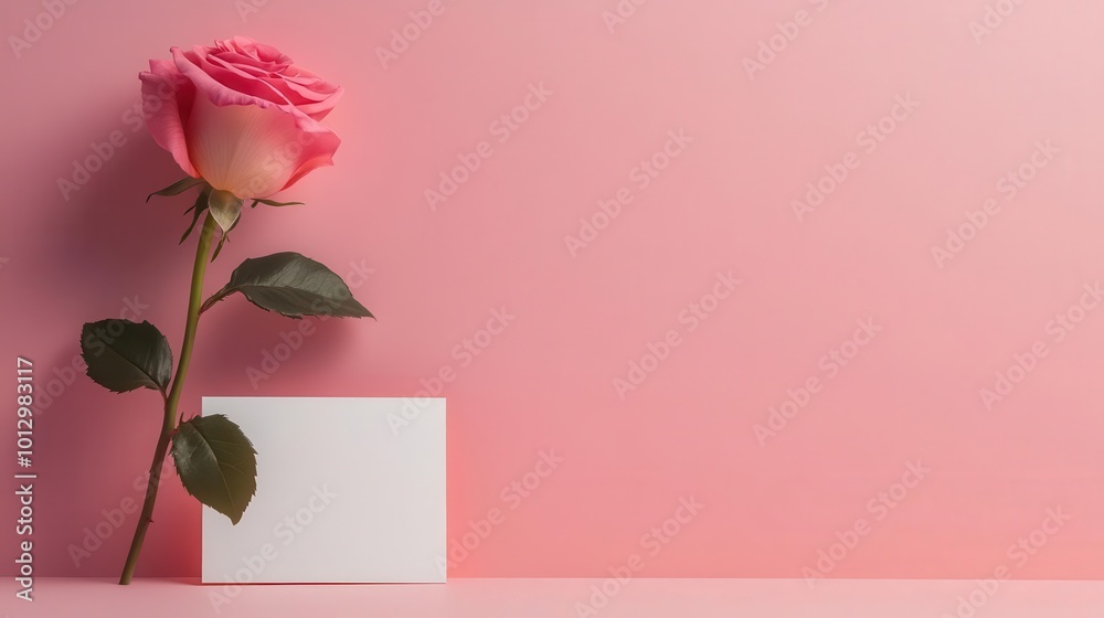 Fototapeta premium A delicate pink rose beside a blank card on a soft pink background, perfect for romantic gestures or heartfelt messages.
