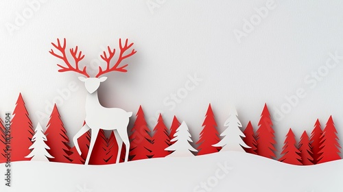 Clean and minimal Christmas card with cutout reindeer silhouette and red accents, Christmas card, paper craft minimalism, 3D illustration