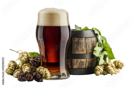 A refreshing glass of dark beer beside a wooden barrel and fresh hops on a white background. photo