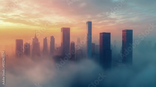 Stunning sunrise view of skyscrapers enveloped in morning fog in urban cityscape