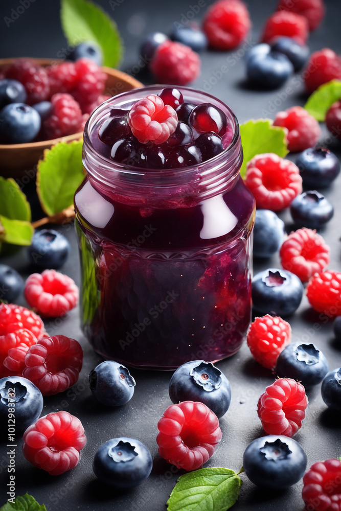 Delicious jam blueberry on natiural background concept of healthy and dieting

