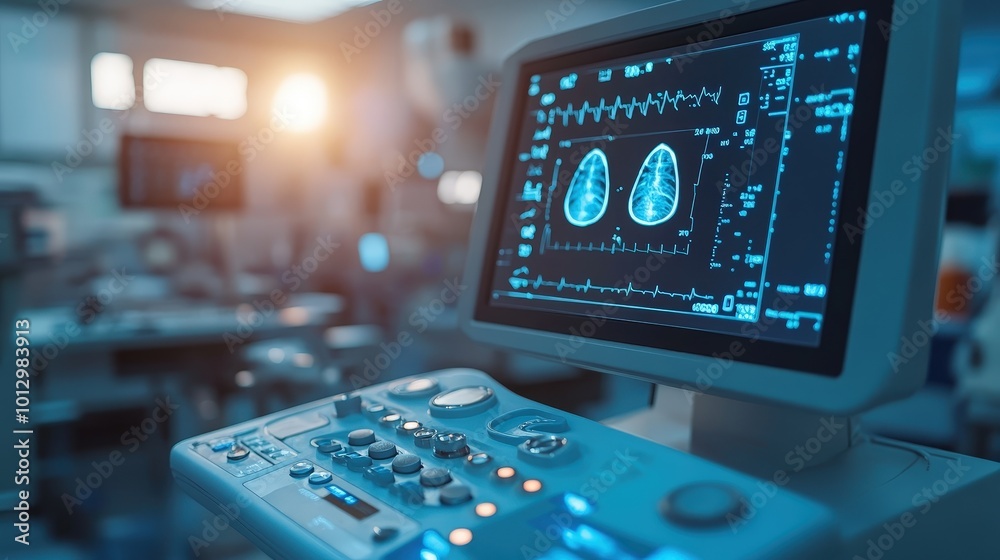 A modern ultrasound machine displays clear images of lungs in a bright, clinical environment, emphasizing advanced medical technology. A modern ultrasound machine displays clear images of lungs in a bright, clinical environment, emphasizing advanced medical technology.