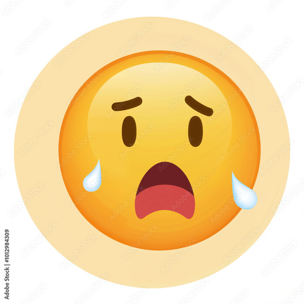 Fototapeta premium Emoji with a worried expression, crying two large tears. The emoji's glossy texture and 3D design add to the realistic representation of sadness and distress.