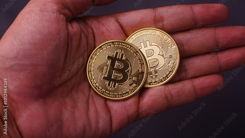 Golden bitcoin or BTC cryptocurrency in hand, Focus selected, dark background Golden bitcoin or BTC cryptocurrency in hand, Focus selected, dark background