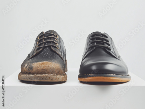 A front view of a pair of men's black shoes on a white platform, one old and one new