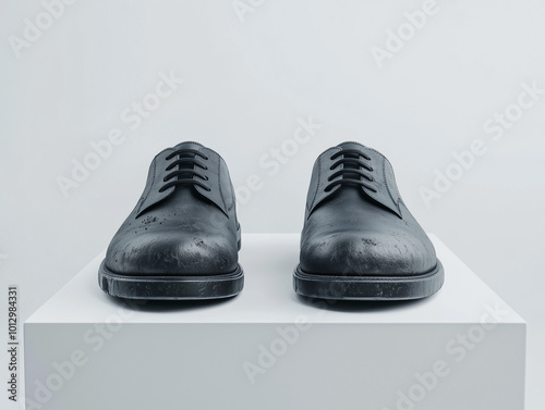 A front view of a pair of men's black shoes on a white platform