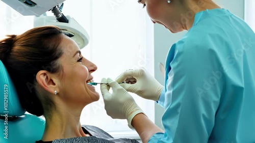 Wallpaper Mural A smiling woman receives a dental treatment from a professional dentist in a clean and modern clinic. Focus on dental health and care. Torontodigital.ca