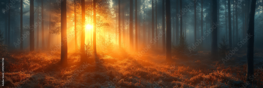 Golden sunlight streams through the trees in a misty forest. Golden sunlight streams through the trees in a misty forest.
