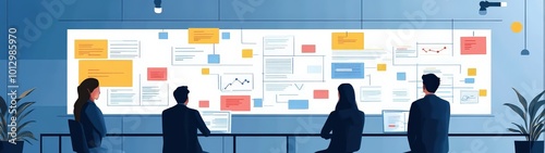 A team engages in a strategy session, analyzing data and visuals on a large screen in a modern office environment.