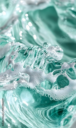 52. An abstract representation of clear aqua-mint water waves with soft ripples and playful bubbles, illuminated by bright sunlight, perfect for a trendy summer backdrop