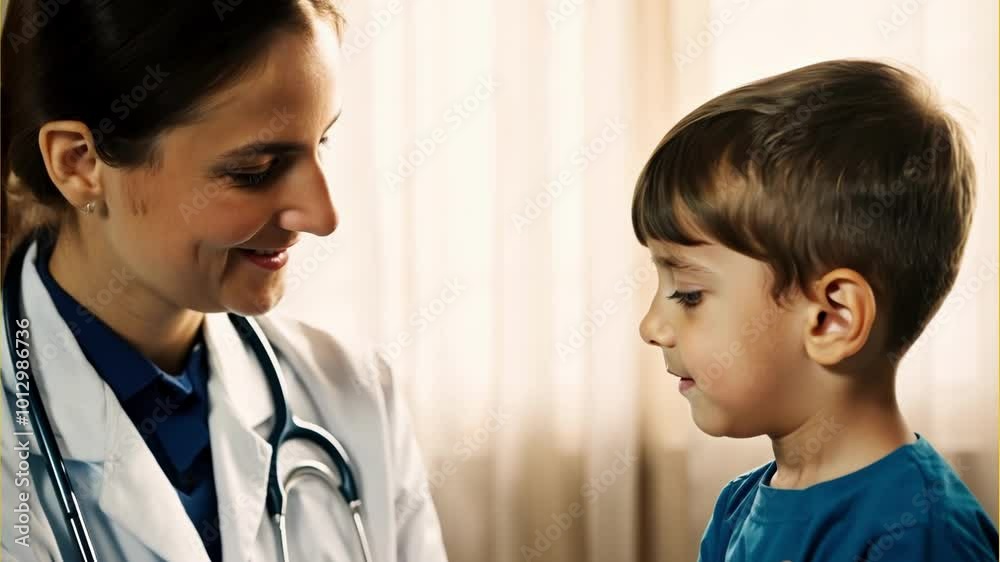 A female doctor performing a health check on a young boy in a clinical environment. Focus on healthcare and patient well-being. A female doctor performing a health check on a young boy in a clinical environment. Focus on healthcare and patient well-being.