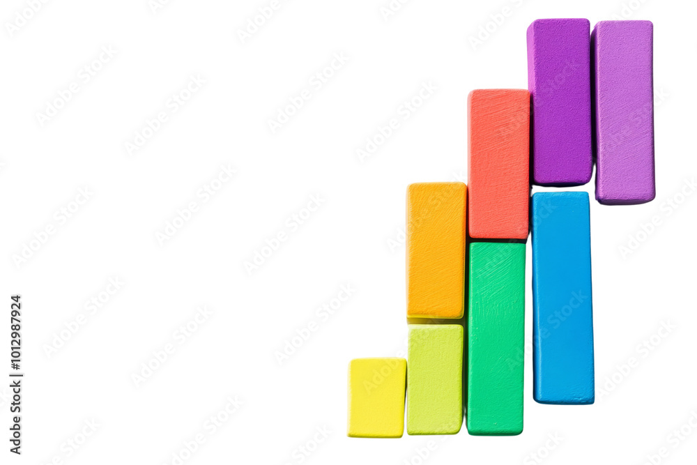 Colorful wooden blocks arranged in a staircase pattern on a white background.