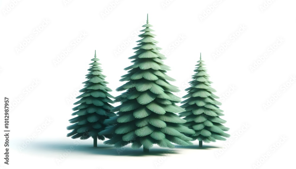 beautiful, lush, green fir trees isolated on a white background, three de illustration, close-up beautiful, lush, green fir trees isolated on a white background, three de illustration, close-up