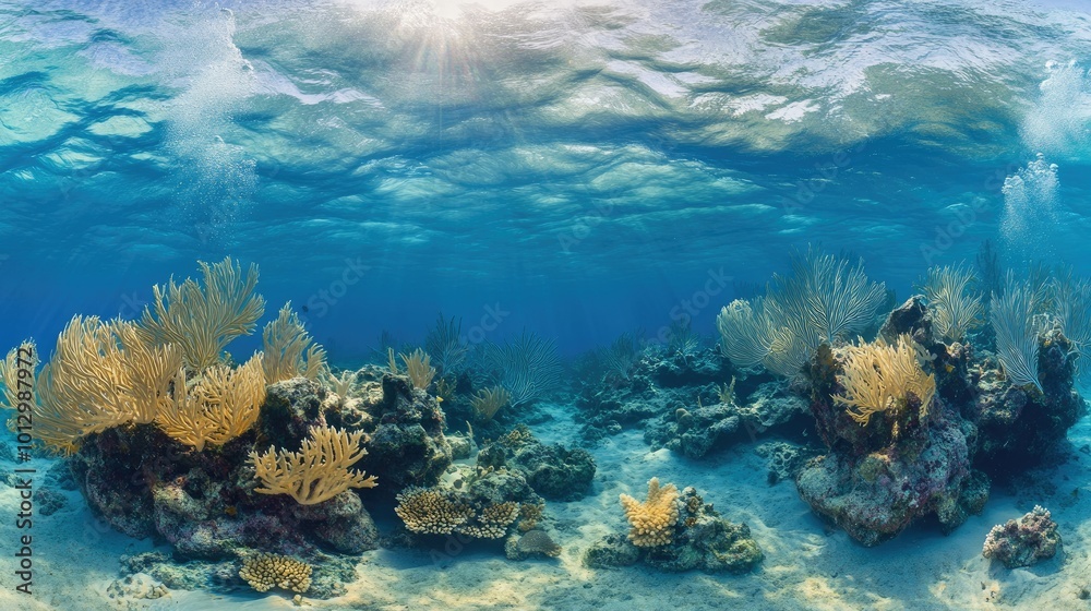 Fototapeta premium Crystal clear underwater view of the Caribbean Sea, showcasing coral formations and ample space for text.
