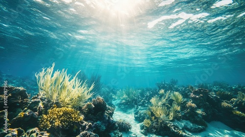 Crystal clear underwater view of the Caribbean Sea, showcasing coral formations and ample space for text.