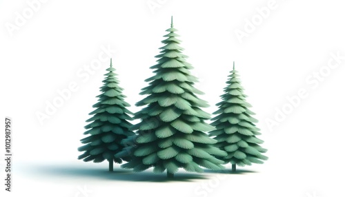 beautiful, lush, green fir trees isolated on a white background, three de illustration, close-up