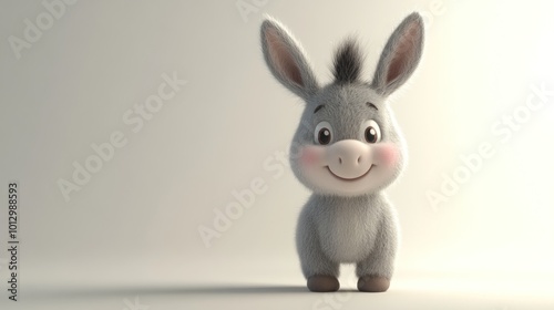 A cute, cartoon donkey with a big smile stands against a white background.