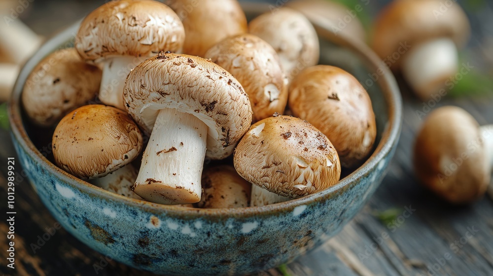 Close up of bowl with fresh champignon mushrooms on wooden table Close up of bowl with fresh champignon mushrooms on wooden table