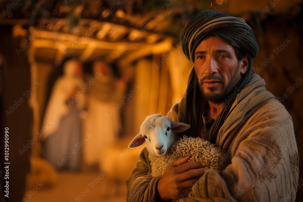Shepherd Offering Lamb as Gift to Baby Jesus in Nativity Scene ...