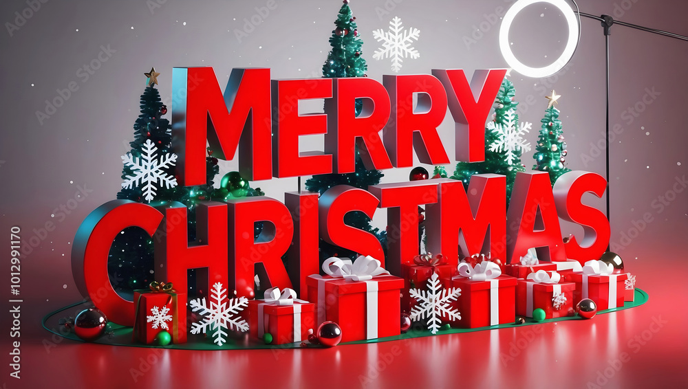 merry Christmas background, festive template, decorative wallpaper, red 3d text