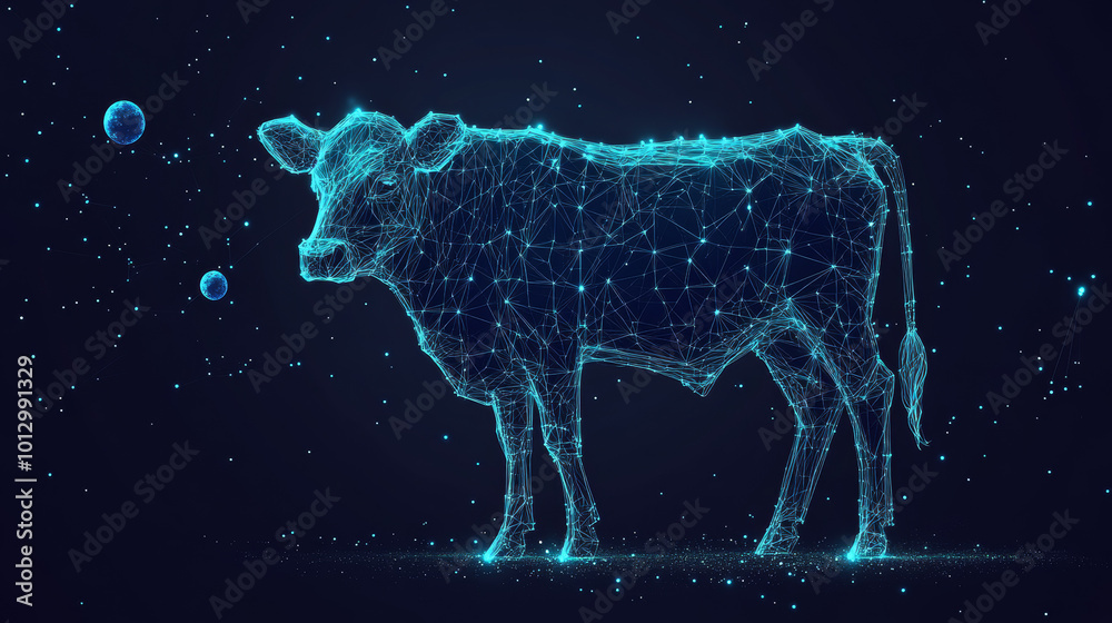 A cow is drawn using stars, planets, and lines, looking like a starry sky or space. This is a creative way to imagine a cow, using wireframe shapes.low poly wireframe. A cow is drawn using stars, planets, and lines, looking like a starry sky or space. This is a creative way to imagine a cow, using wireframe shapes.low poly wireframe.