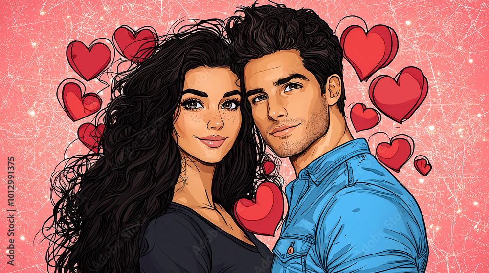 A man and woman are holding hands and surrounded by hearts. Concept of love and affection A man and woman are holding hands and surrounded by hearts. Concept of love and affection