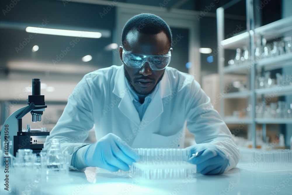 A scientist conducts careful experiments in a laboratory, wearing a lab coat, protective glasses, and gloves while handling samples. Generative AI A scientist conducts careful experiments in a laboratory, wearing a lab coat, protective glasses, and gloves while handling samples. Generative AI