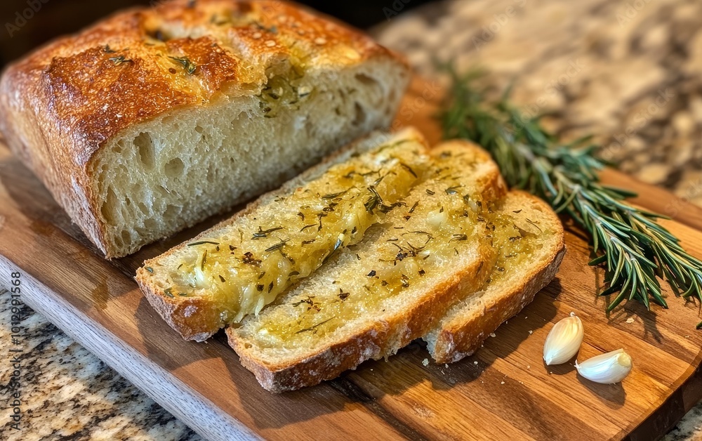 Freshly baked garlic bread with herbs, sliced and served on a wooden board alongside garlic cloves and rosemary. Freshly baked garlic bread with herbs, sliced and served on a wooden board alongside garlic cloves and rosemary.