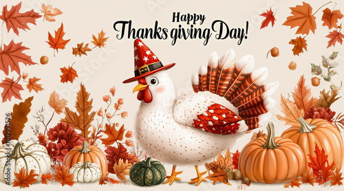 Happy Thanksgiving greeting card with turkey and pumpkins. Illustration