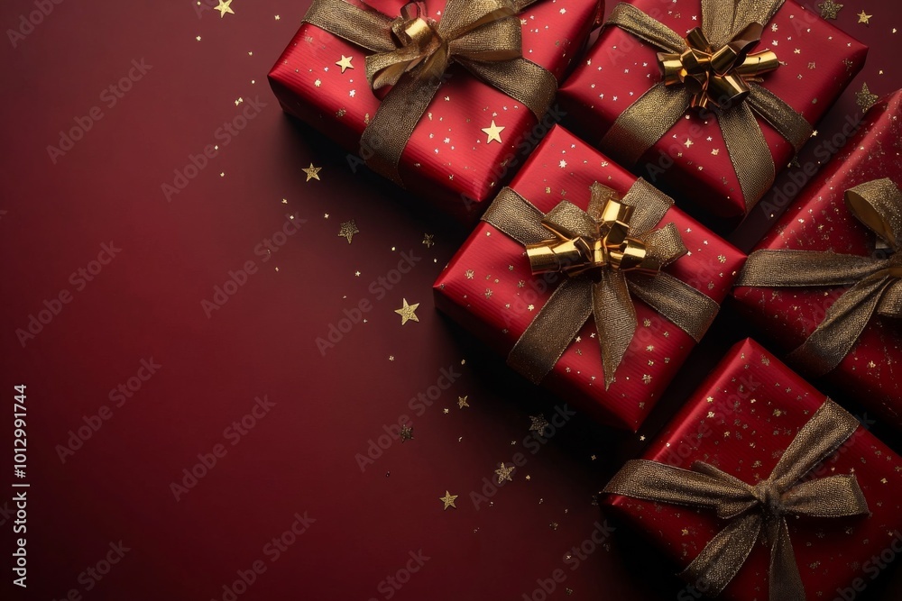 Red gift boxes with gold bow on red background Red gift boxes with gold bow on red background