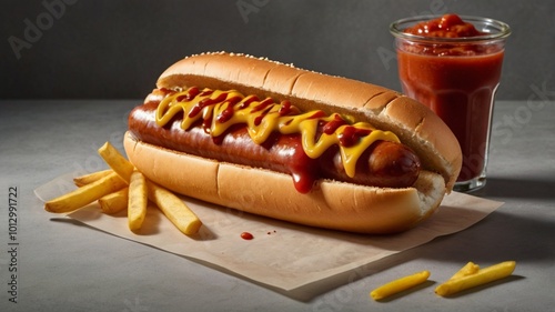 hotdog or hot dog is a dish consisting of a grilled, steamed, or boiled sausage served in the slit of a half sliced bun served with french fries, ketchup and mustard.