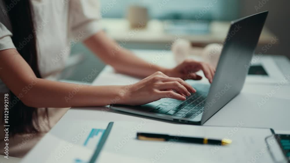 Businesswoman sitting at a desk, typing on a laptop while focusing on the screen. The office environment features a bright, clean, and modern workspace with natural light
