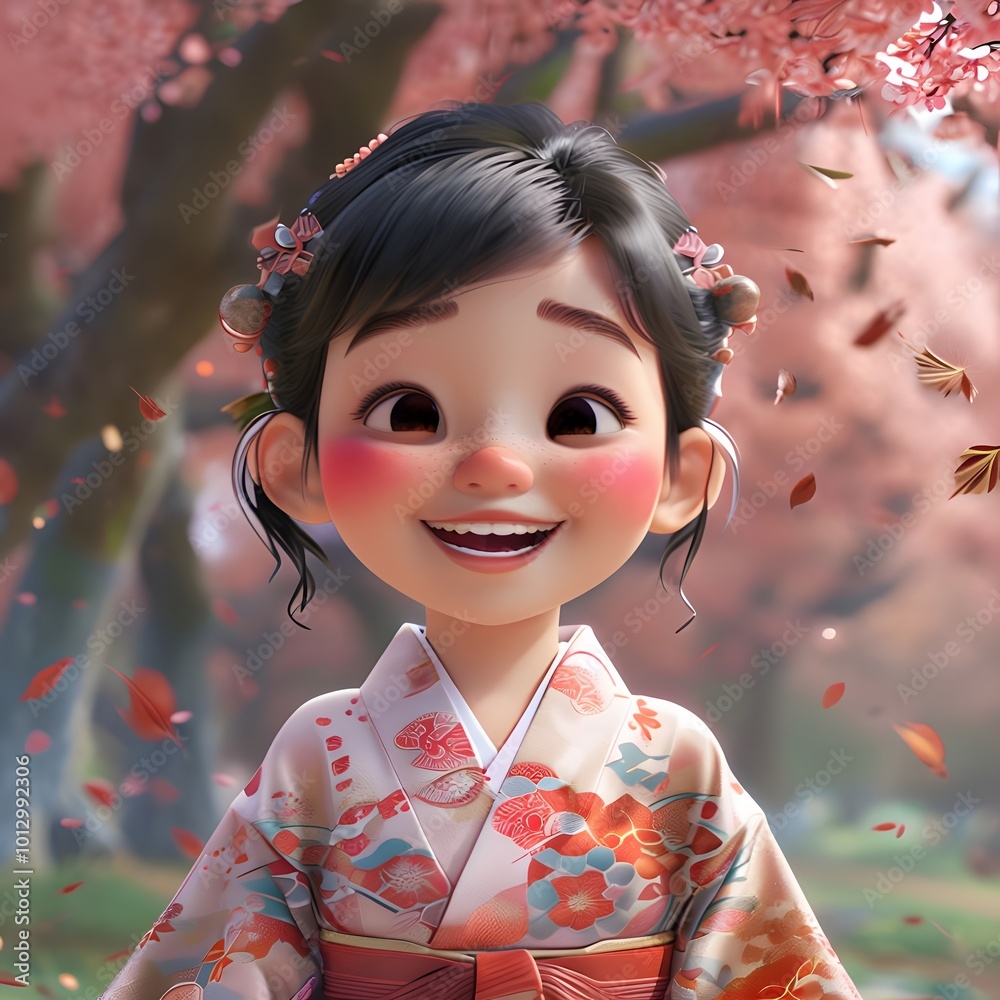 3D animated cute young girl wearing a traditional kimono, standing amidst beautiful blooming sakura trees 3D animated cute young girl wearing a traditional kimono, standing amidst beautiful blooming sakura trees