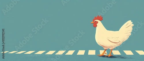 A whimsical illustration of a chicken crossing a colorful road, showcasing vibrant colors and playful design.
