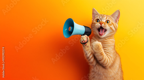A tabby cat excitedly speaks into a large megaphone photo