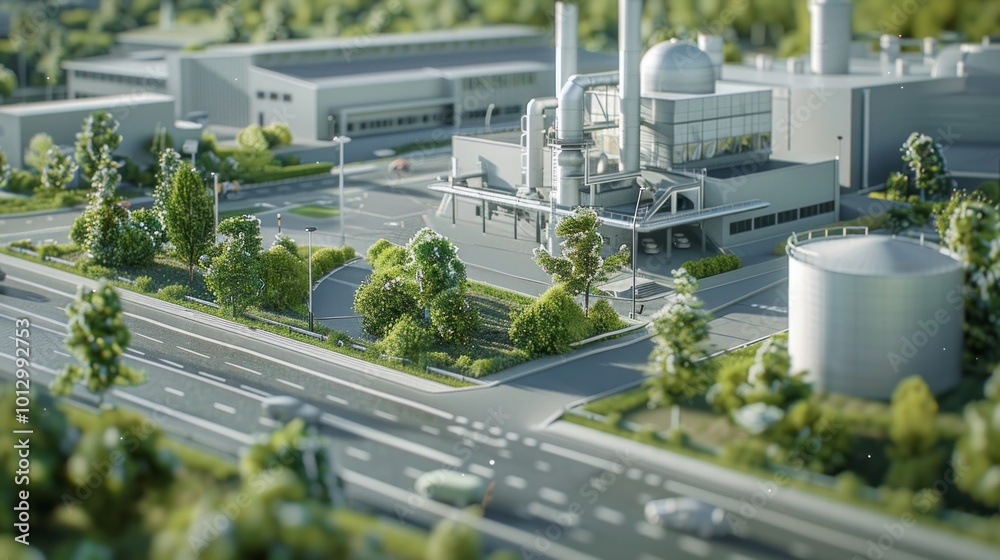 A city with a large industrial plant in the background A city with a large industrial plant in the background