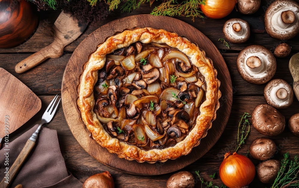 A savory mushroom tart displayed on a wooden board, surrounded by fresh ingredients like onions and mushrooms.